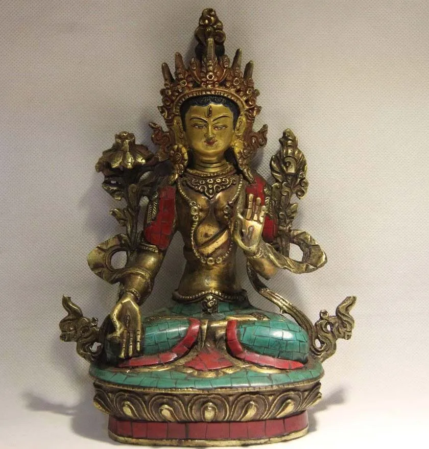 

Tibet Buddhism Copper Inlay Turquoise Coral Ruby Beryl White Tara Guanyin Statue