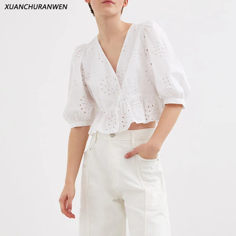 

Women Summer Lantern Sleeve Cotton Embroidered Blouse V neck Hollow Out V neck Crop Tops Slim Preppy Style Shirts WB9157
