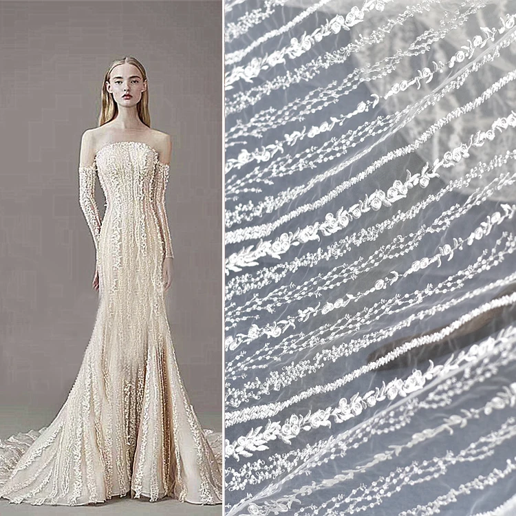 white Vertical stripe Embroidery lace fabric Dress fabric
