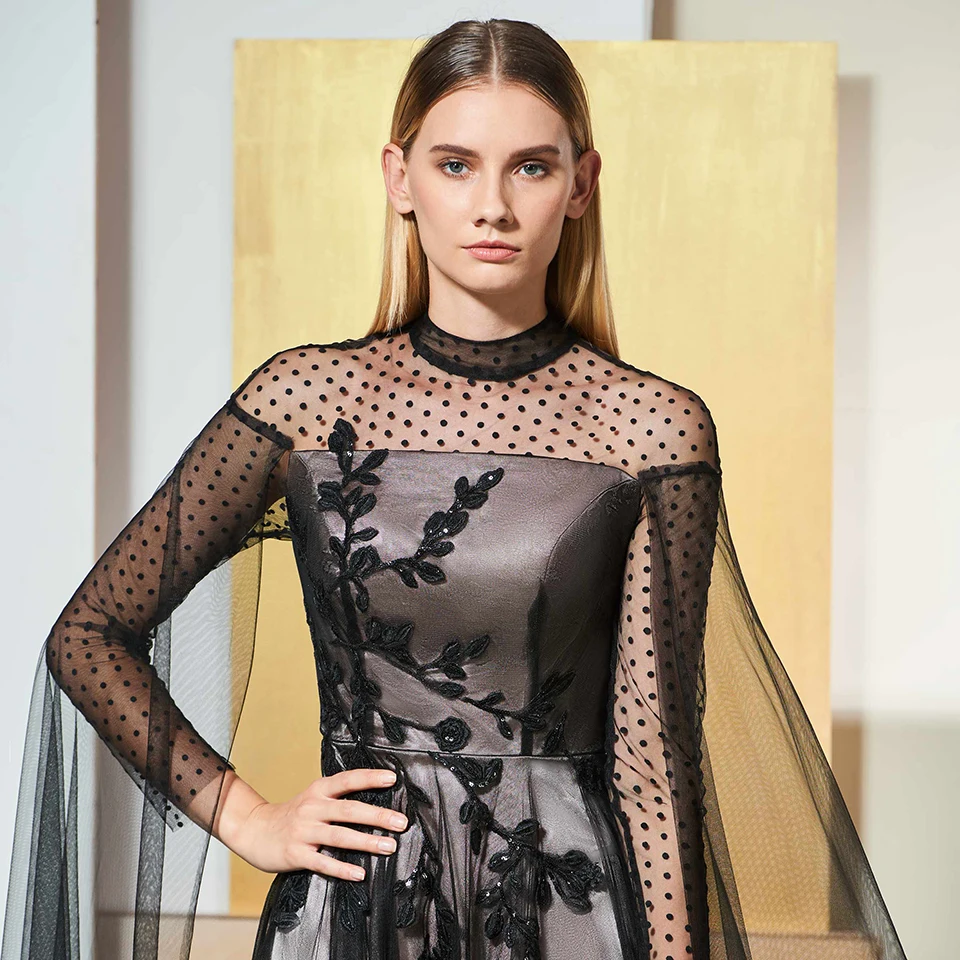 Dressv black elegant high neck evening dress long sleeves beading lace a line wedding party formal dress evening dresses