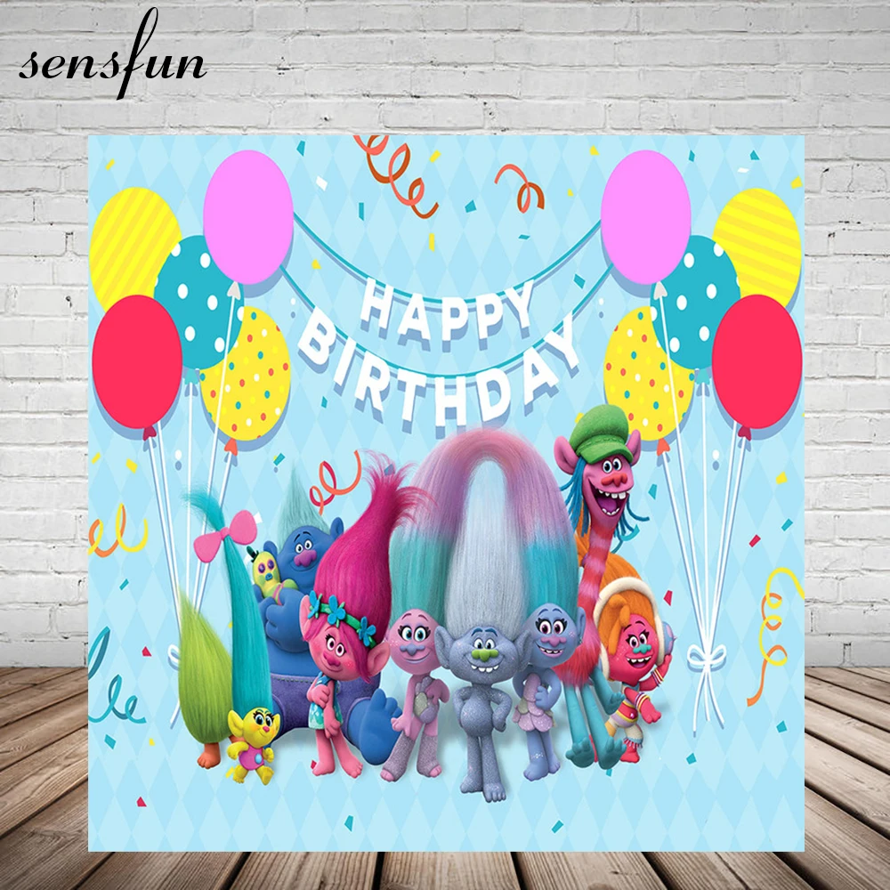 

Good Luck Trolls Photography Backdrop Baby Blue Theme Balloons Cartoon Children Birthday Party Backgrounds For Photo Studio