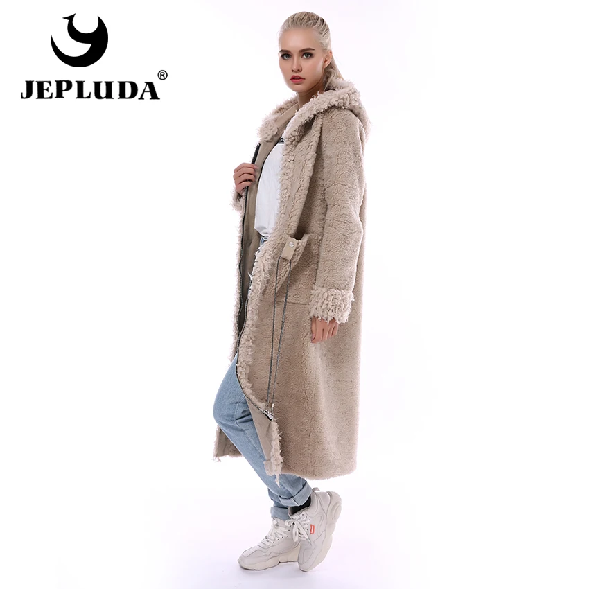 JEPLUDA 100% Натуральный Шерсть Пальто Женское Зимнее с Капюшон Молния Длинная