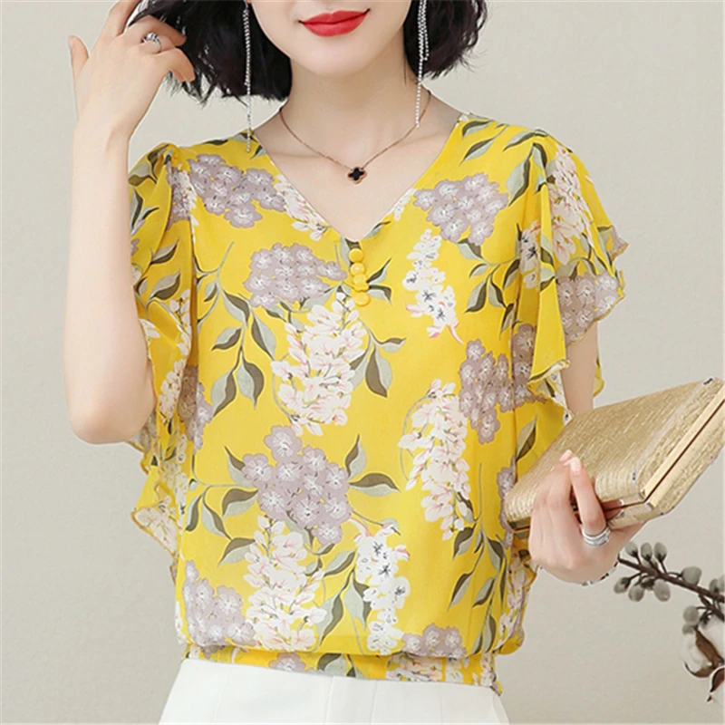 Модные летние женские блузки и топы, шифоновые женские рубашки с коротким рукавом и круглым вырезом, повседневные офисные блузы размера плюс - Цвет: Цвет: желтый