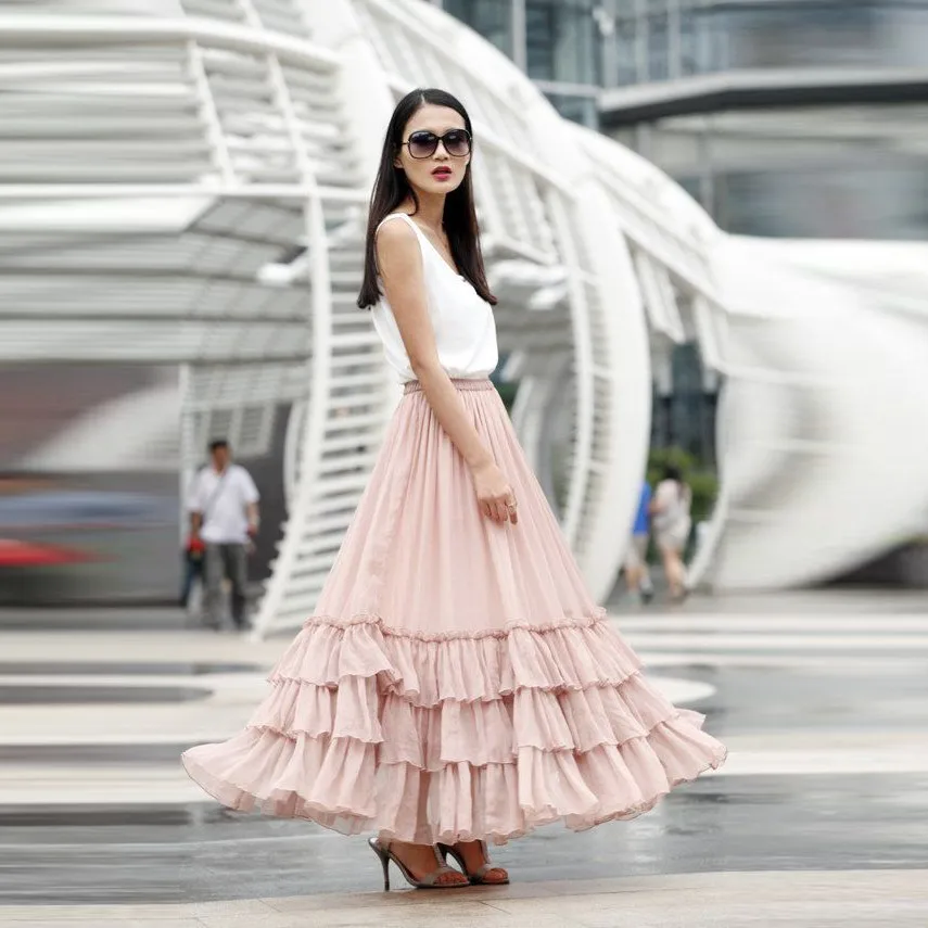 Новая дизайнерская розовая длинная юбка трапециевидной формы длиной до пола макси юбка женская блуза с послойным расположением ткани, оборочками и v-образным вырезом женские юбки Персонализированная шикарная шифоновая длинная юбка