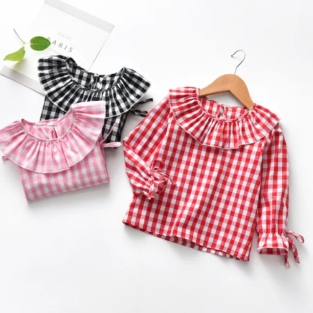 2018 Spring Baby Girls Full Sleeve Blouse Children Plaid Ruffles Collar Shirt Top Kids Flare Sleeve Jumper Girls Clothes
