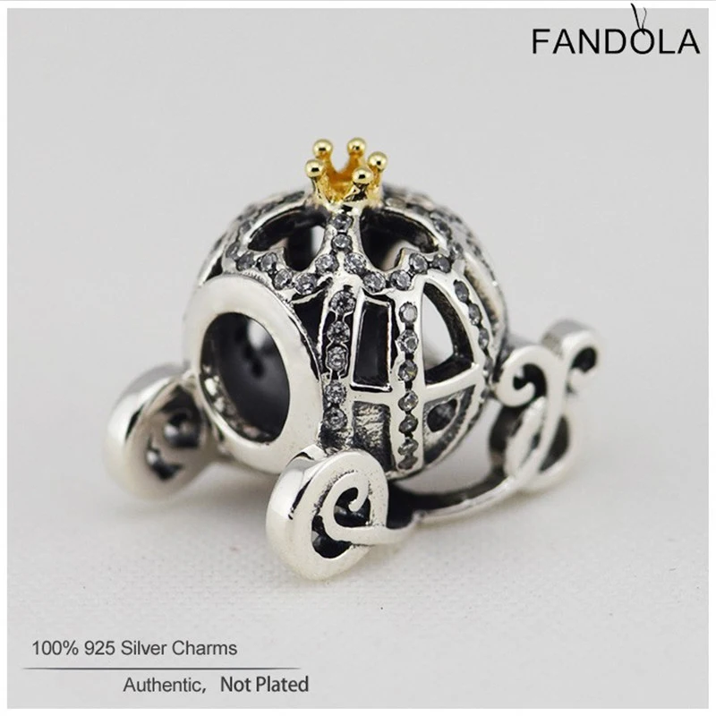 

100% Real 925 Sterling Silver Clear CZ Cinderella Pumpkin Charms Beads Fits Women Bracelets DIY Original Jewelry
