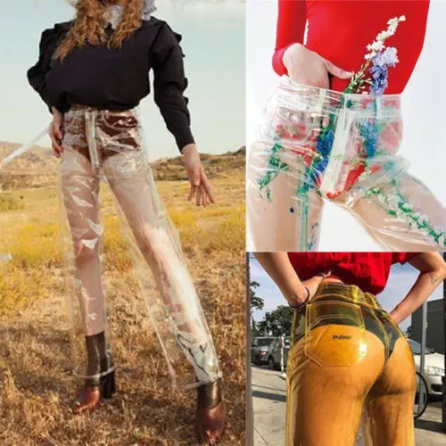 Редкие горячие продажи брюки с высокой талией ПВХ пластиковые водонепроницаемые брюки для женщин прозрачные брюки Широкие брюки новые
