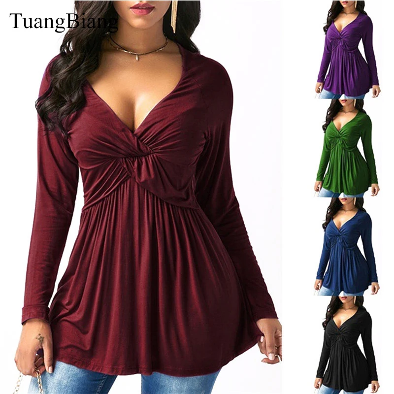 2018 de las mujeres de otoño Vestido de manga larga suelta Sexy camiseta femenina cuello profundo en V T camisas invierno más tamaño estilo largo Tops