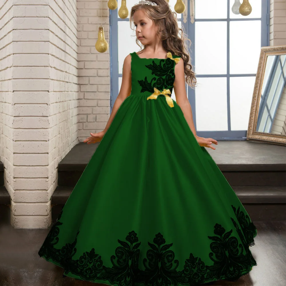 Г. Детские кружевные платья для девочек платья для свадебной вечеринки однотонное Пышное Платье принцессы на бретельках Красный, зеленый, фиолетовый, от 5 до 13 лет - Цвет: Зеленый