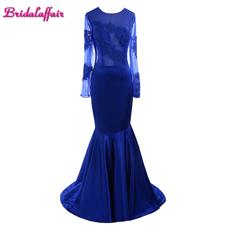

KapokBanyan Real Photo Deep Blue Long Sleeve Scoop Neck Evening Dresses 2017 Sweep Train Applique Lace Party Gown Robe de soiree