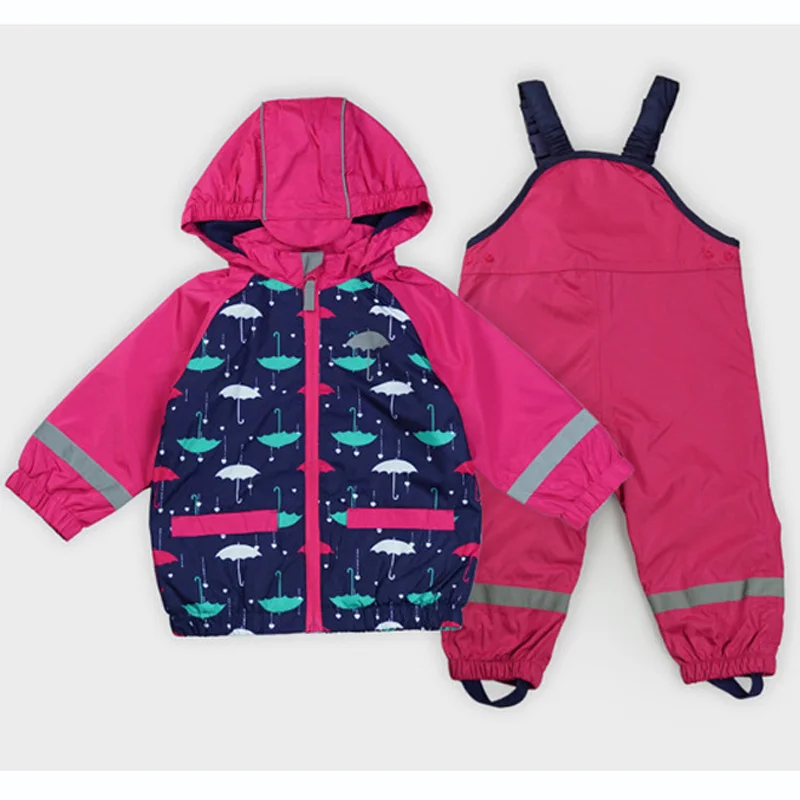 Куртка для девочек, комплект одежды, пальто+ комбинезон, детский плащ, водонепроницаемые ветрозащитные комплекты для маленьких девочек, светоотражающее пальто, теплая куртка