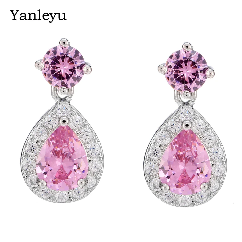 

Yanleyu Brand CZ Jewelry Classic Water Drop Pink Cubic Zirconia Crystal Stone Wedding Bridal Dangle Earrings For Women PE014