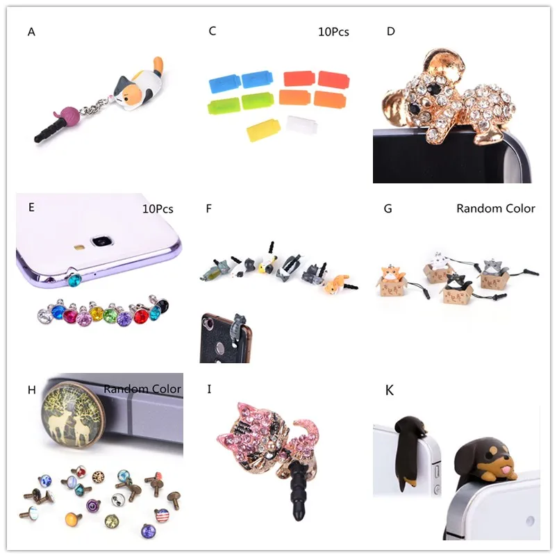 

1PC Multi Style 3.5mm Diamond Cartoon Cat Dog Design Silicone Cover Mobile Phone Dust plug For iPhone 5 5s 6 6s