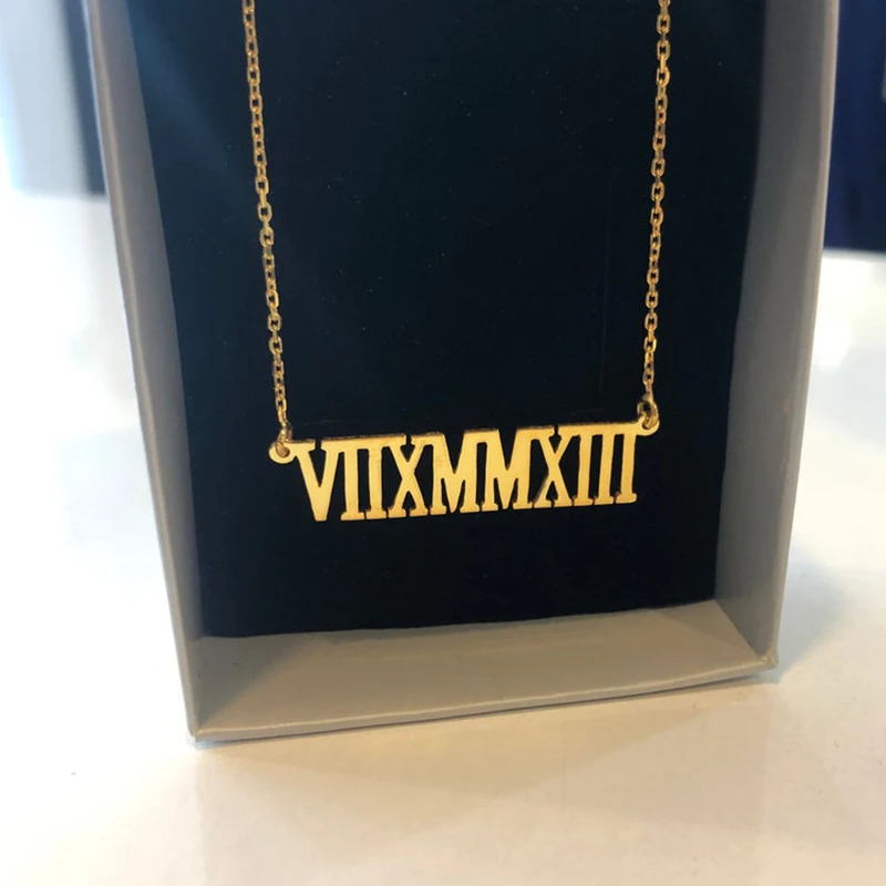 

Personalized Rome Number Charm Necklaces Custom Roman Numeral Date Greek Numbers Hollow Bar Necklace Handmade Jewelry