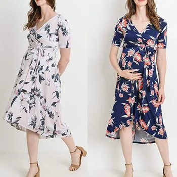 

vetement femme 2019 Women Short Sleeve Pregnant maternity clothes dress Flower PrintingFrenulum Nursing Dress ropa de mujer
