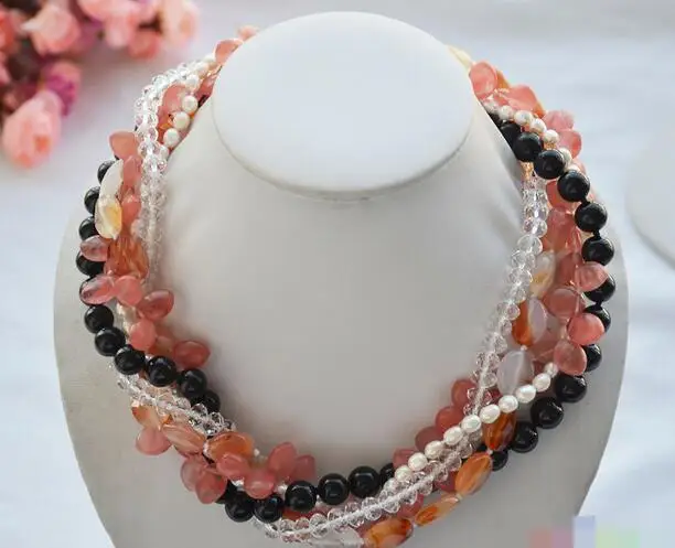 

song voge gem nanJ0815 5row white rice pearl red crystal black agate bead necklace