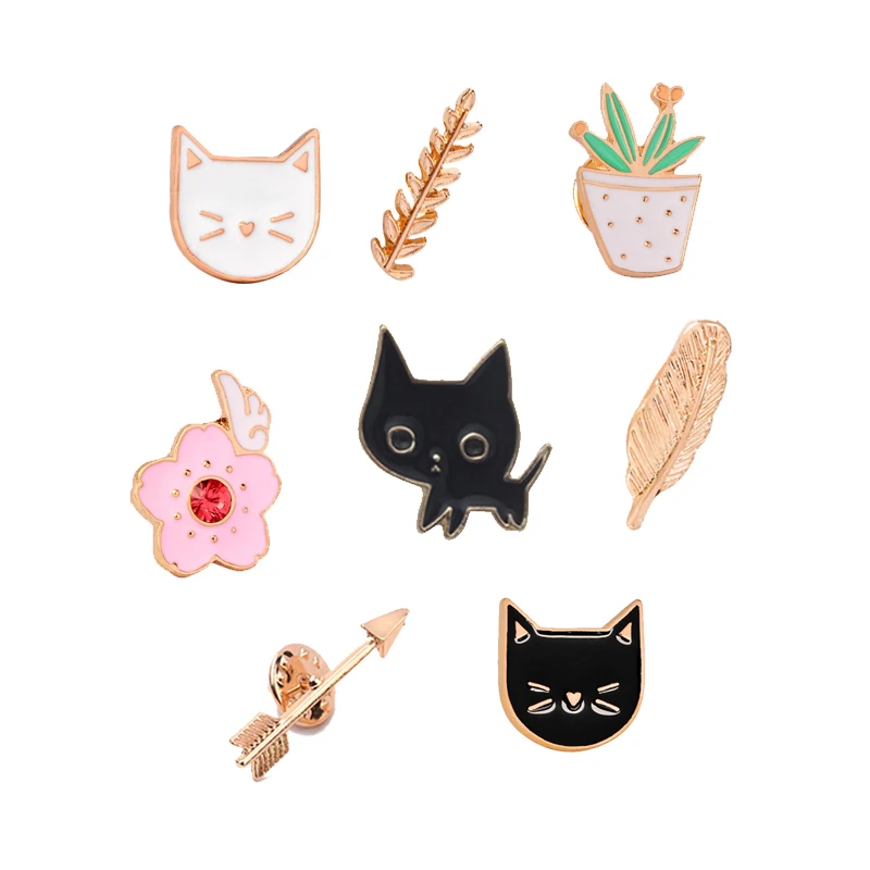 

Creative Brooch Cute Black White Cat Head Potted Flower Arrow Metal Enamel Pins Women Men Shirt Button Badge Jewelry Accessories