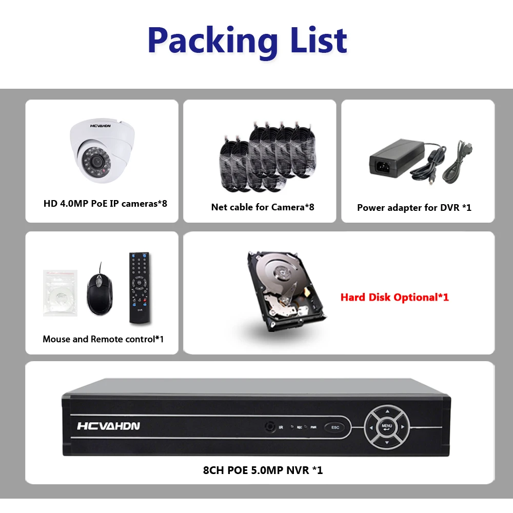 HCVAHDN 8CH Network PoE Video Surveillance System 8pcs 4.0MP Outdoor Indoor White Dome IP Cameras CCTV Security 5MP NVR Kit HCVAHDN 8CH Network PoE Video Surveillance System 8pcs 4.0MP Outdoor Indoor White Dome IP Cameras CCTV Security 5MP NVR Kit