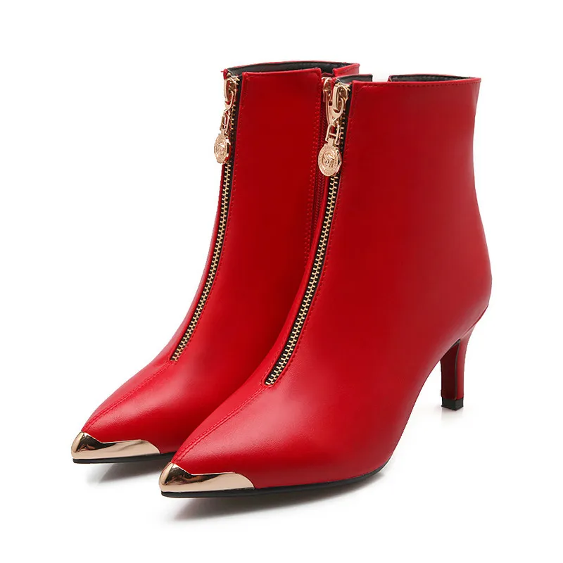 

Sexy Ladies Spring Shoes Woman Ankle Boots PU leather Thin High Heel Black Red Zipper Wedding Women Motorcycle Boots Size 34-43