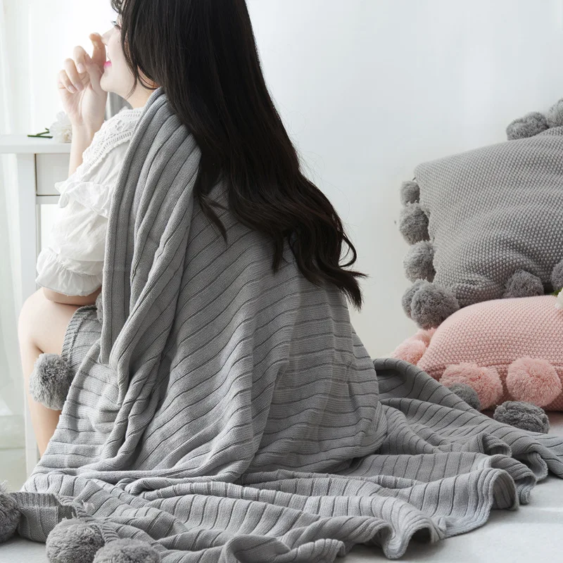Розовый серый пушистый шар, Скандинавское однотонное Хлопковое трикотажное одеяло, зимнее плотное тепловое одеяло, диванное одеяло для дивана