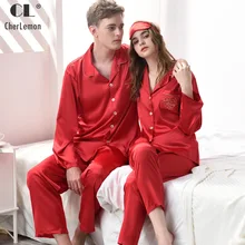 CherLemon/классические шелковые атласные красные пижамные комплекты женские осенние пижамы с длинными рукавами и пуговицами мужские легкие пижамы