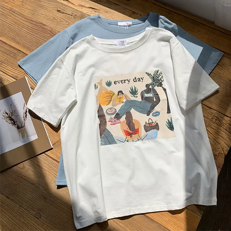 

Harajuku Women Funny Print Cotton TShirt Top White O-Neck Short Sleeve Sweet T-Shirts Tops Lady Summer Streetwear Clothes Female