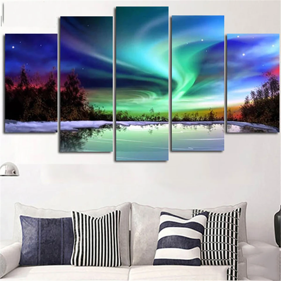 

Modern Painting HD Printed Poster On Canvas 5 Panel The Northern Lights Modular Picture Wall Art Home Decor Frame Living Room