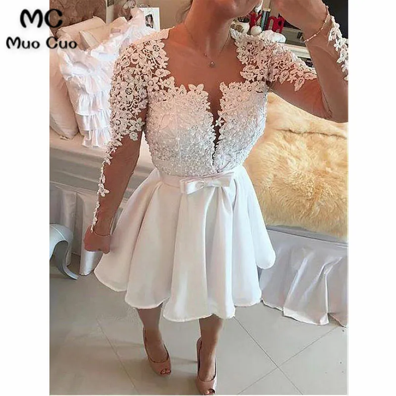 Chic Chiffon Jewel Neckline Long Sleeves Short A-line Homecoming Dress With Beaded Lace Appliques & Bowknot