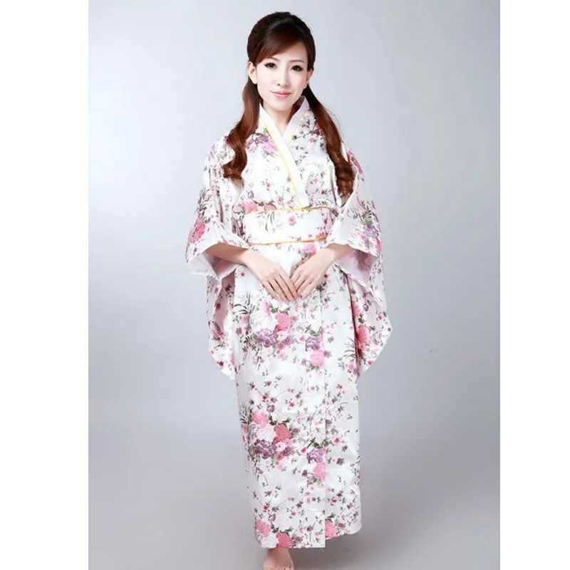 Японский национальный Для женщин белый атласное кимоно юката с Оби традиционный вечернее платье новинка Хеллоуин костюм один размер