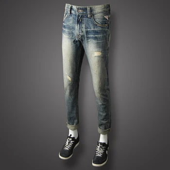 

Italian Designer Fashion Men Jeans Slim Fit Vintage Retro Style Ripped Jeans Casual Pants Balplein Brand Classical Jeans Men