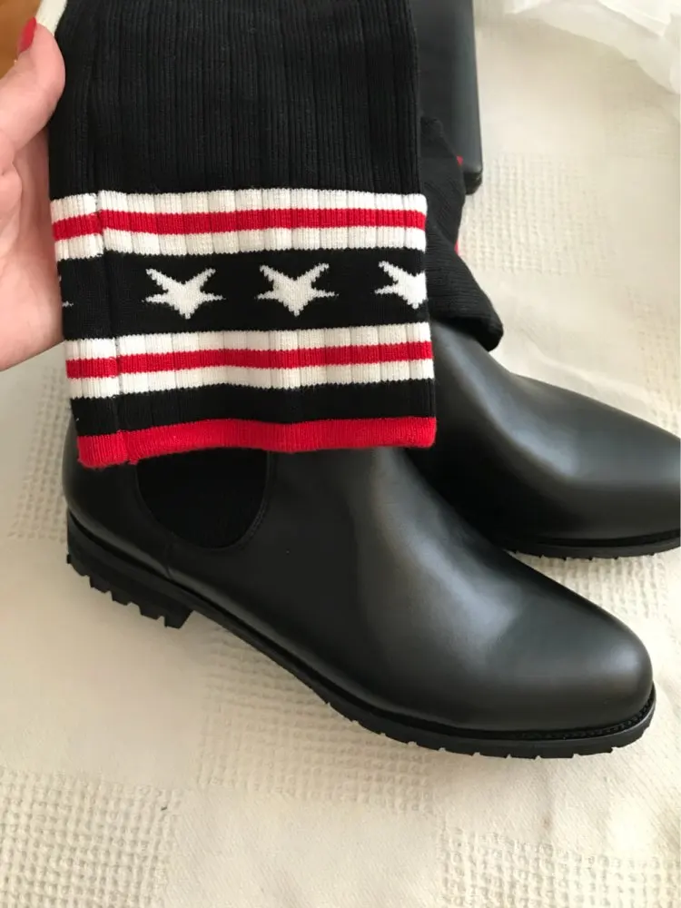 Fashion Cool Women Socks Boots Genuine Leather The Knee High Quality Stretch Fabric Elastic Flats Rubber Shoes Size 35-40