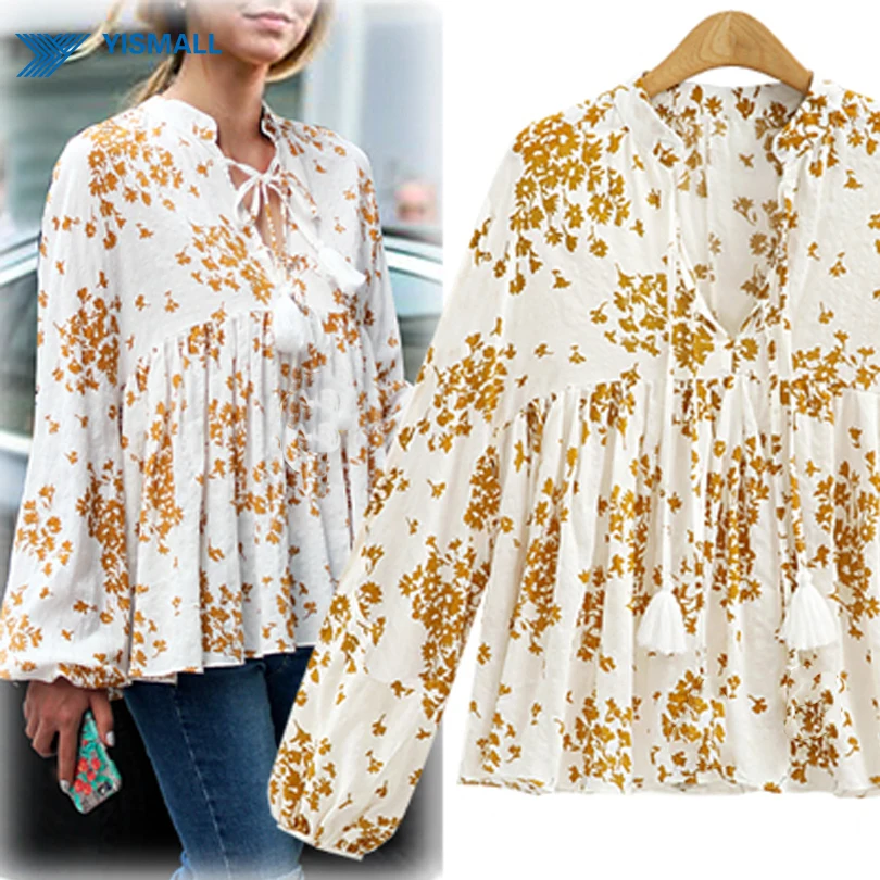2016 new fashion women brand loose chiffon blouses V-neck long sleeve printed shirts casual yellow tops