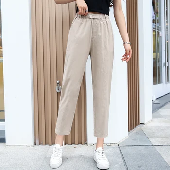 

2019 new summer and autumn women's nine pants casual loose large size pants cotton blend fabric elastic waist pencil pants S-5XL