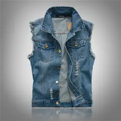 Демисезонный джинсовый жилет Для мужчин Куртки без рукавов Повседневное жилет Для Мужчин's Джинсовое пальто Ripped Slim Fit Для мужчин куртка