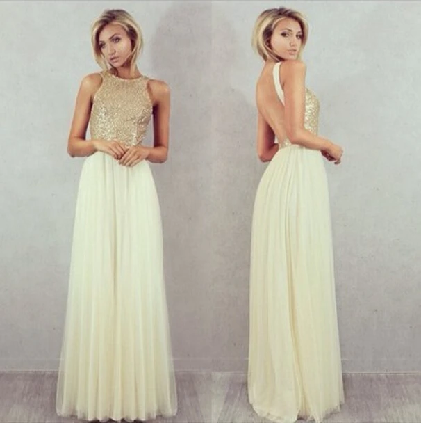 

Charmming Chiffon Tulle with Top Champagne Gold Sequin Bridesmaid Dresses Formal Prom Dress 2017 Long Special Occasion Dresses