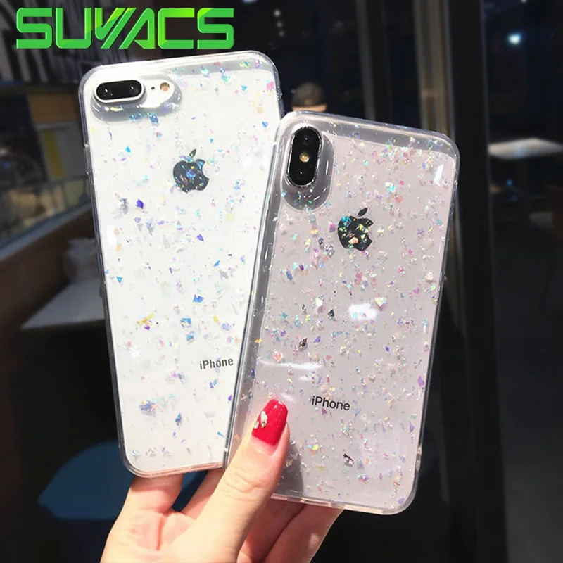 

SUYACS Glitter Silver Foil Transparent Epoxy TPU Soft Case For iPhone XS MAX XR X 6 6S 7 8 Plus Phone Cases For iPhone XS MAX