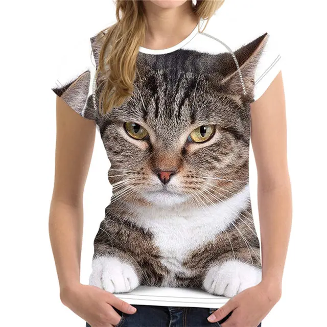 FORUDESIGNS Cat T Shirt Women Kawaii t shirt 3D Cat Animal Printing