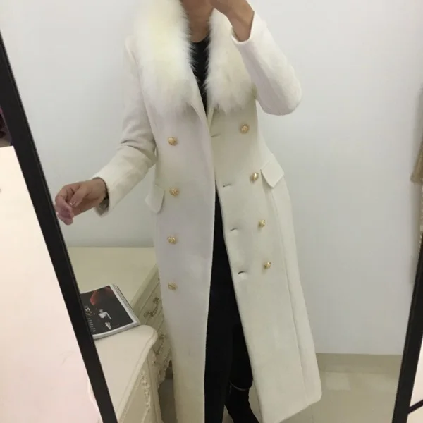 Зимнее модное женское Шерстяное Пальто с большим меховым воротником белое кашемирвое пальто женское двубортное тонкое пальто