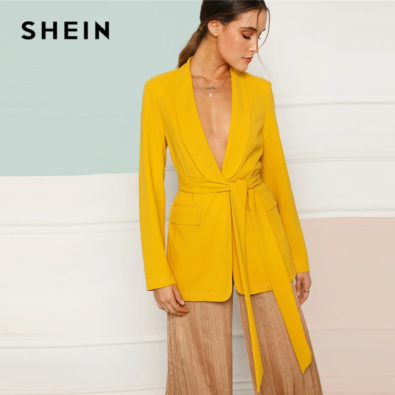 SHEIN Однотонный Блейзер С Поясом Жакет Длинным Рукавом Яркий В Стиле
