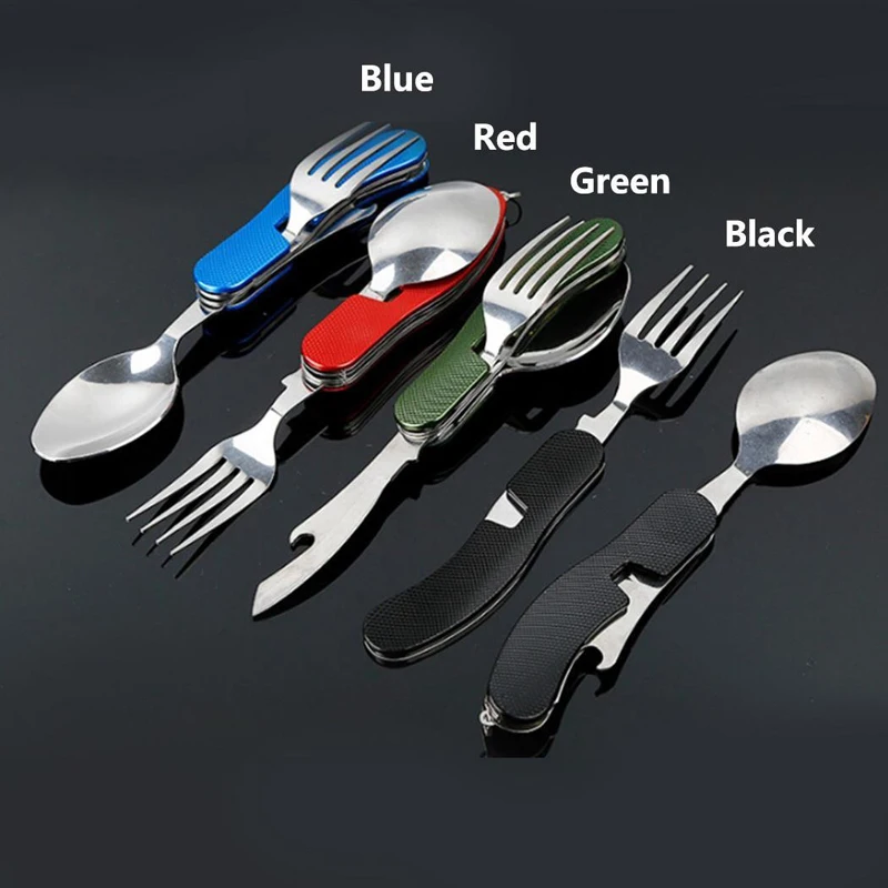 Multifunción Picnic vajilla de acero inoxidable portátil al aire libre Camping 4 en 1 cuchara plegable cuchillo de tenedor y abrebotellas comedor conjunto