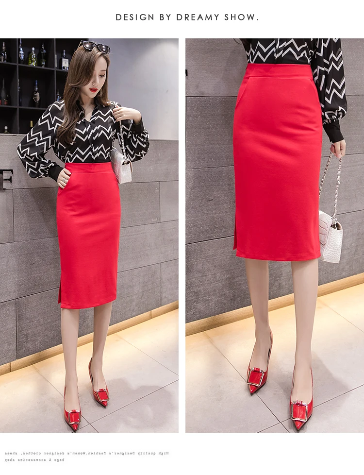 S-5XL Plus Size New Fashion Elegant Women's Midi Pockets Skirt Slim OL Sexy Open Slit Pencil Skirt Knee-Length Office Lady Skirt