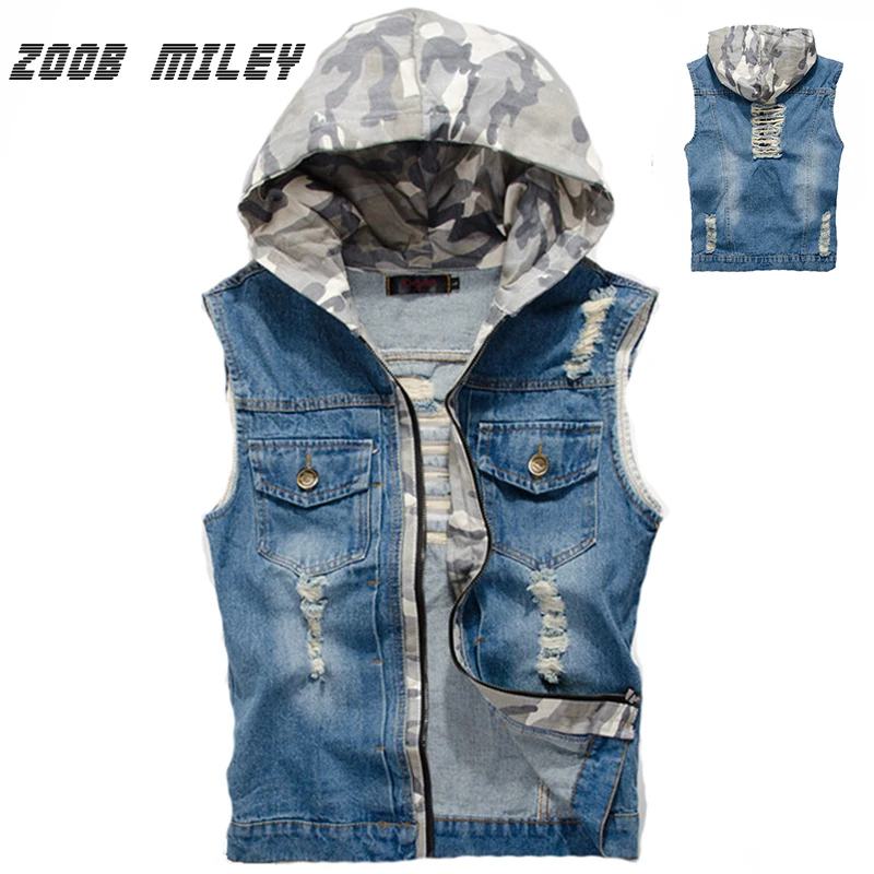Men's Hooded Denim Vest Camouflage Hood Lining Frayed Cowboy Male