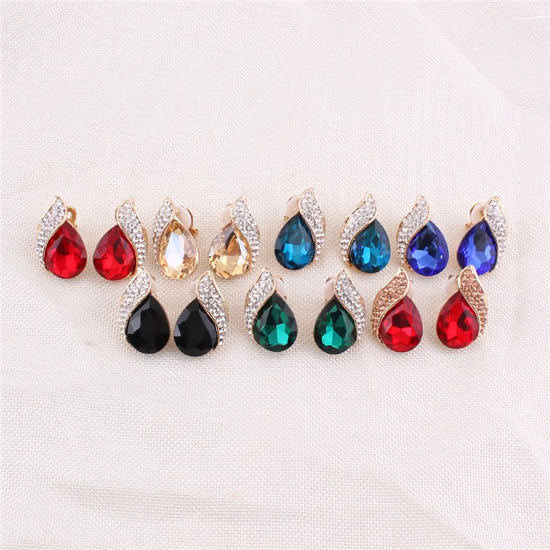 High-grade Rhinestone Crystal Tear Drop Shape Clip on Earrings Non Piercing for Women Wedding Luxury No Hole Earrings New