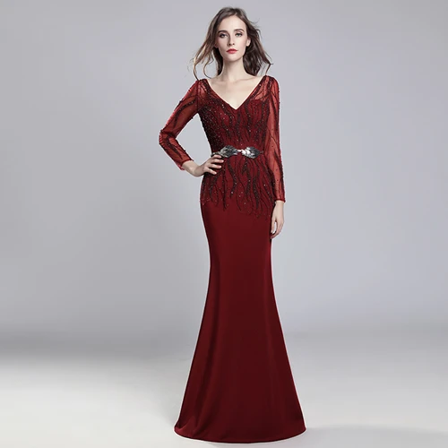 Элегантное Вечернее Платье Русалка телесного цвета с длинными рукавами для особых случаев платье с v-образным вырезом на молнии с открытой спиной торжественное платье LSX277 - Цвет: Burgundy