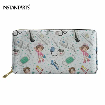 

INSTANTARTS Brand Design Woman Large PU Leather Wallet Cartoon Nurse 3D Printing Female Credit Card Holder Casual Zipper Purse