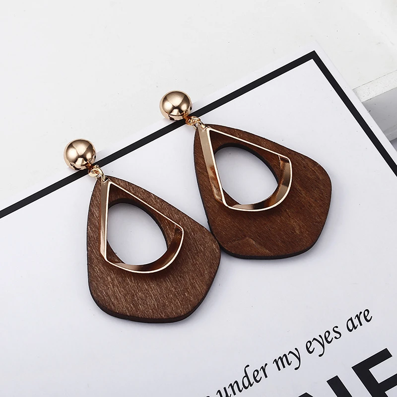 

FFWFF Fashion Statement Earrings Wooden Hollow Earrings for Women Water Drop Party Wedding Wholesale Jewelry Red Black Brown