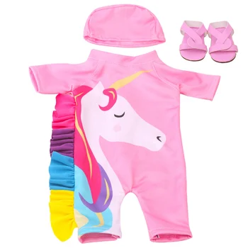 

18 inch Girls doll bathing suit Unicorn bikini swim cap swimsuit with shoes American born Baby toys fit 43 cm baby dolls c180