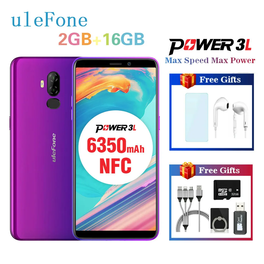 

Ulefone Power 3L 6.0&quot HD+ Android 8.1 Mobile Phone MTK6739 Quad Core 2GB+16GB NFC 13MP+5MP Camera 6350mAh Face ID 4G Smart