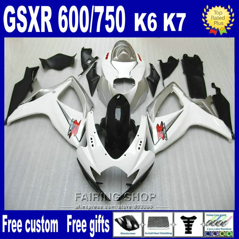 

Injection mold ABS full fairing kit for suzuki gsxr 600 750 2006 2007 white black silver gsxr600 gsxr750 06 07 fairing kit nv46