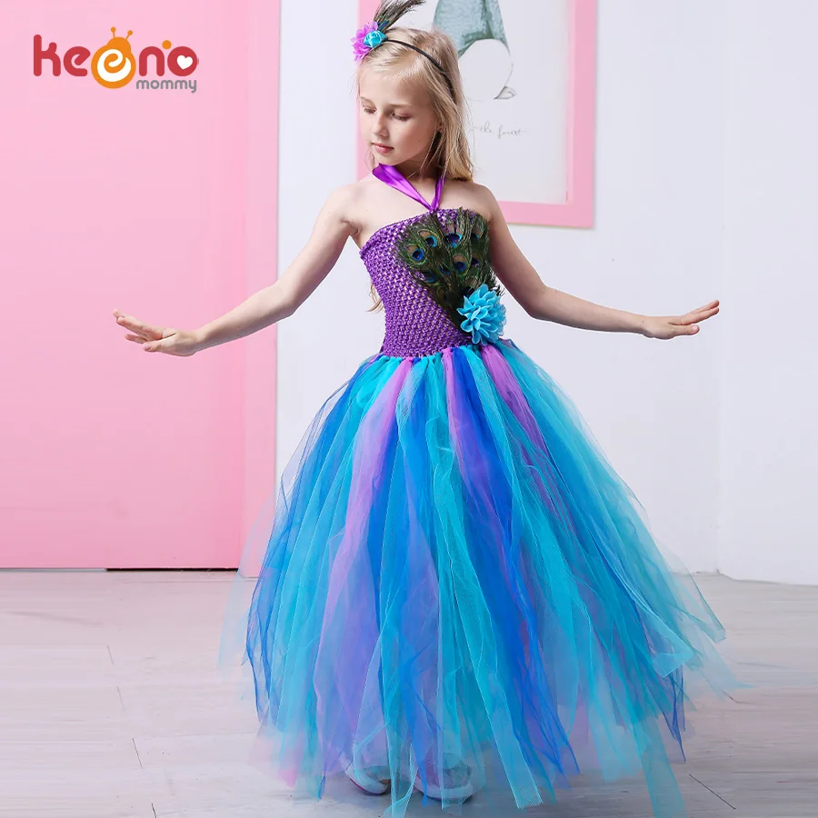 

Princess Girls Peacock Feather Tutu Dress Kids Flower Dress with Peacock Hair Hoop Children Wedding Halloween Party Costume
